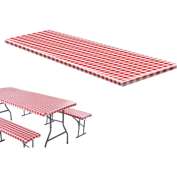 Waterproof Red White Grid Fitted Picnic Table Cloth for Outdoor Beach Camping