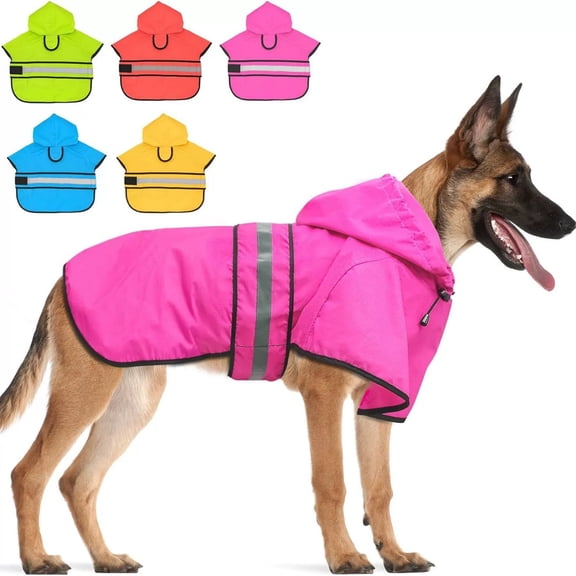 Waterproof Reflective Dog Raincoat, Adjustable Hooded Slicker Poncho, Lightweight Rain Jacket for Small to X-Large Dogs(Pink,XL)