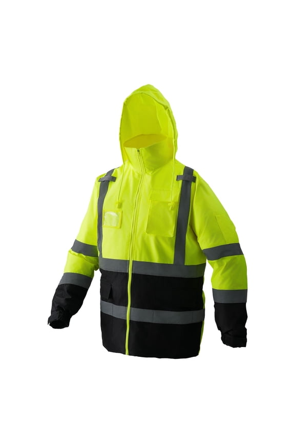 Waterproof Reflective Safety Jacket, Unisex Hooded Workwear Meet ANSI & Class 3 Yellow Black High Visible Long Coat with Pocket Size L