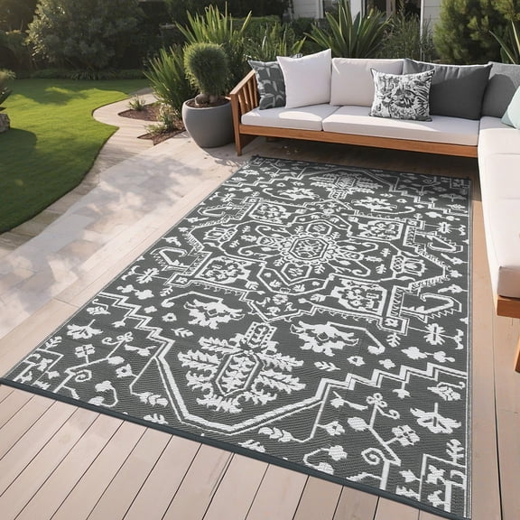 Waterproof Reversible Outdoor Door Mat 9x12 – Durable Plastic Straw Medallion Rug, UV-Resistant, Easy Clean – Ideal for Patio, Backyard, Porch, Deck, Camping, RV – All-Weather Garden Floor Mat