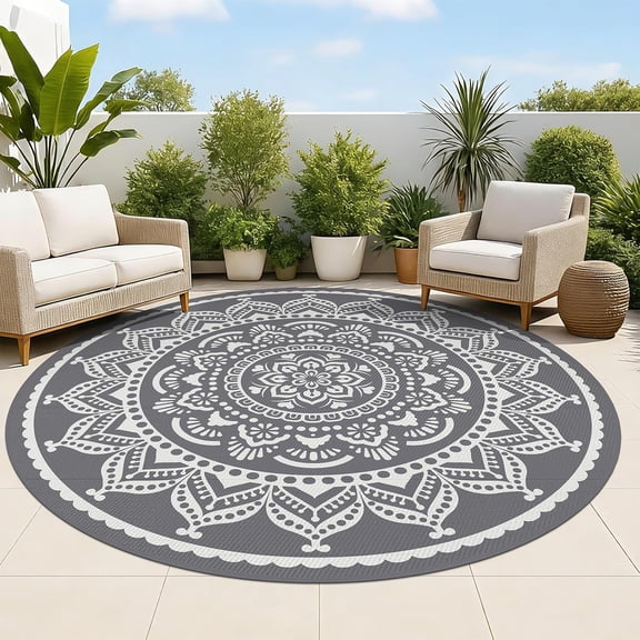 Waterproof Reversible Outdoor Rug 8 Foot Round Plastic Straw Mat for Patio Deck Porch Balcony Backyard Beach Pool Grey