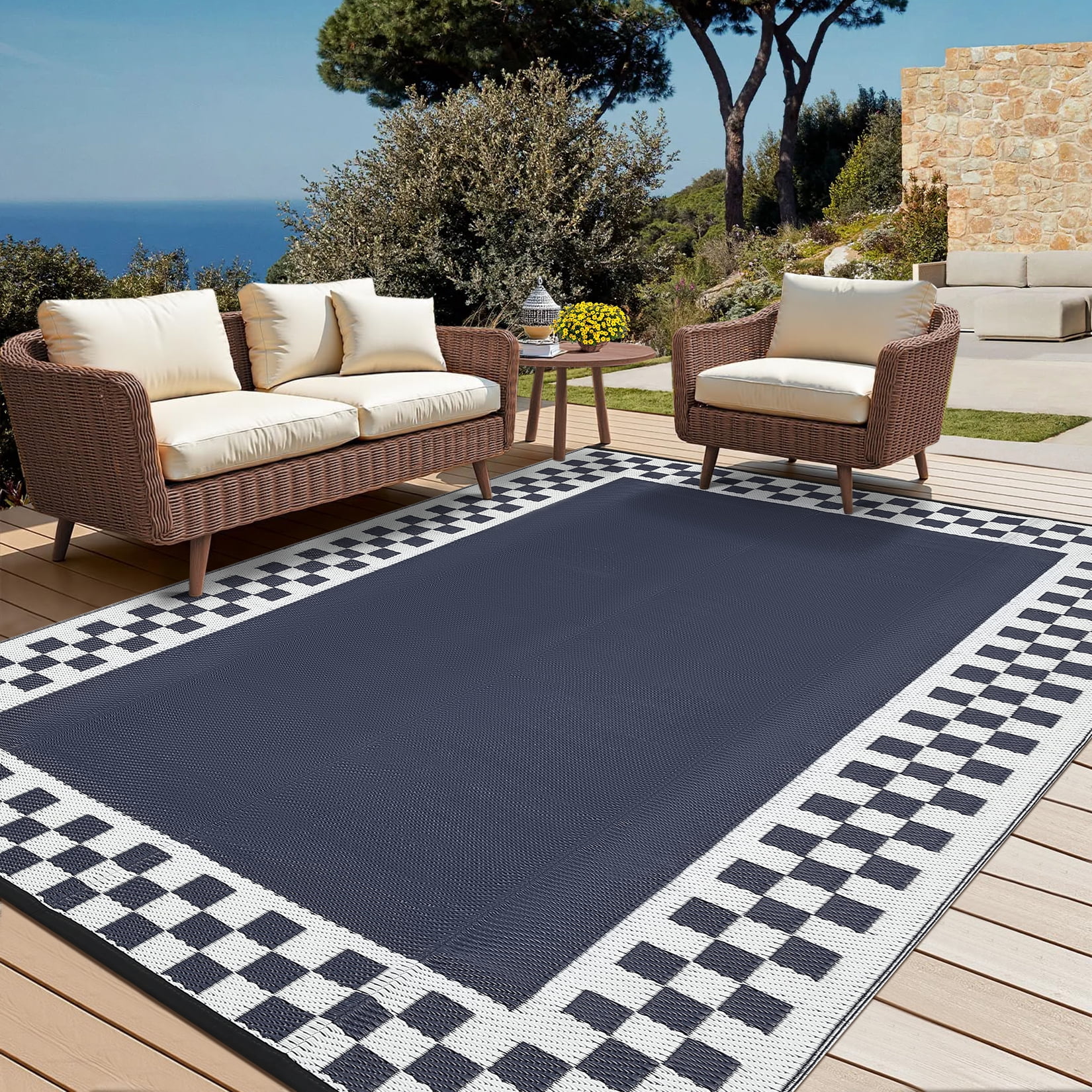 Waterproof Reversible Outdoor Rug 9x18ft – Large Woven Plastic Patio Carpet – Fade-Proof, Portable Picnic & Camping Mat with Stakes & Carry Bag – RV Awning, Deck, Porch, Beach – Black/Blue/White