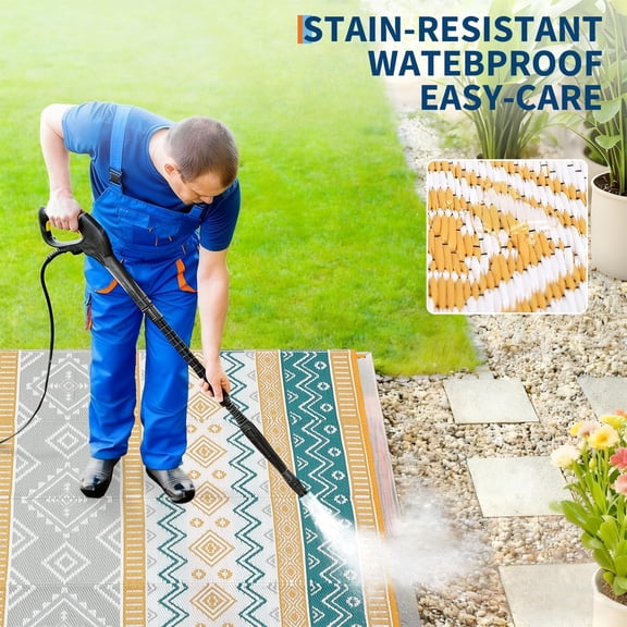 Waterproof Reversible Outdoor Rug 9x18ft for Patio Deck RV Camping, Heavy Duty Plastic Straw Mat, Mark Resistant, Easy Clean, USA, Yellow/Green/Gray/White