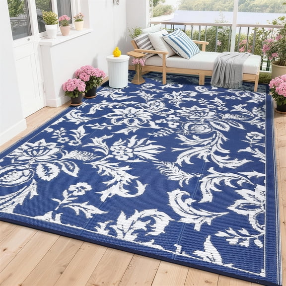 Waterproof Reversible Outdoor Rug, Collapsible Plastic Straw Mat for Patio Deck Camping RV Porch, Modern Blue White