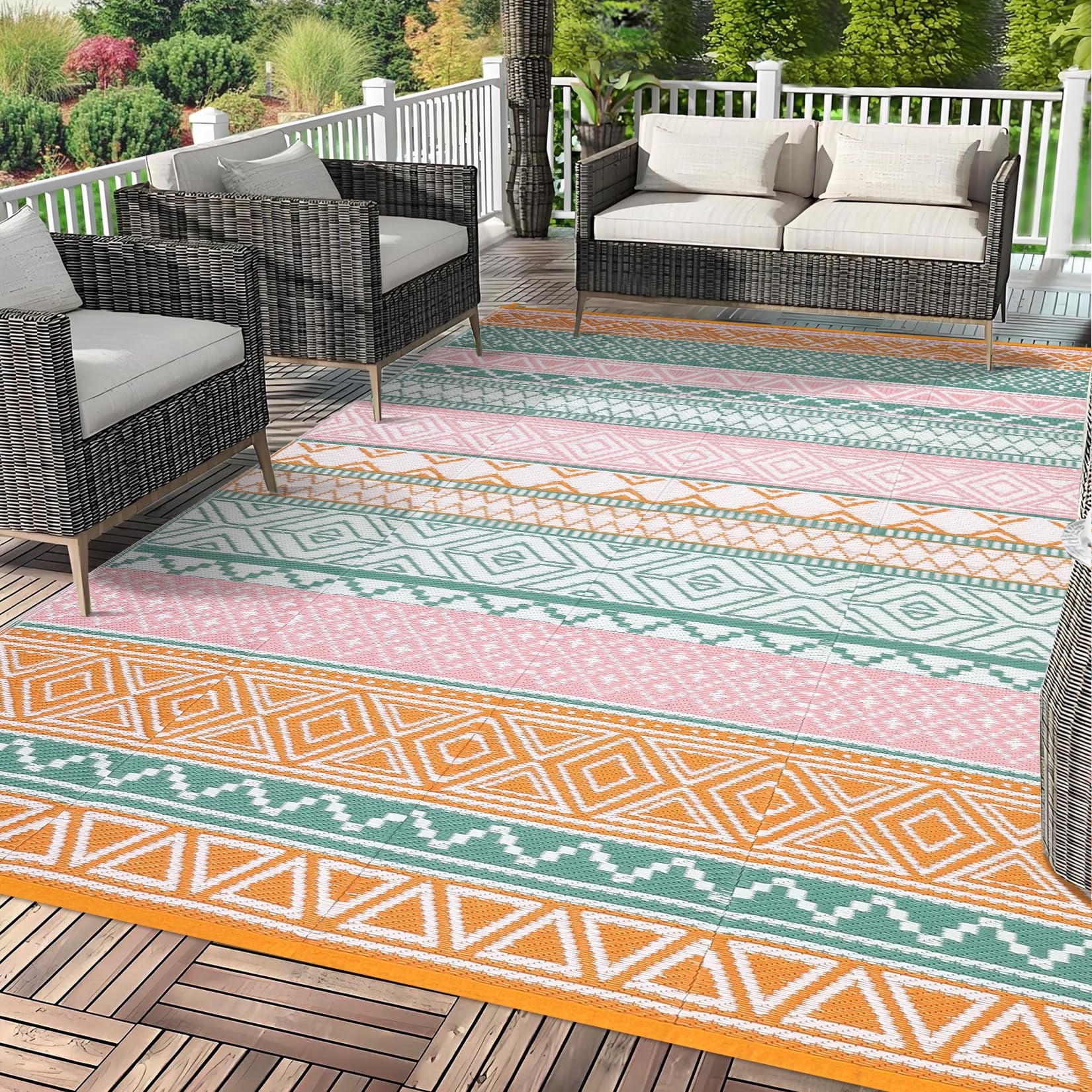 Waterproof & Reversible Outdoor Rug – Durable Patio Carpet for Camping, RV, Deck, Picnic, Porch, Backyard – Lightweight, UV & mark Resistant