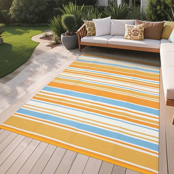 Waterproof Reversible Outdoor Rug - Durable Plastic Straw Mat for Patio, Porch, Deck, RV, Camping - Modern Striped Design, Easy to Clean, Lightweight, Collapsible - 8*10 ft