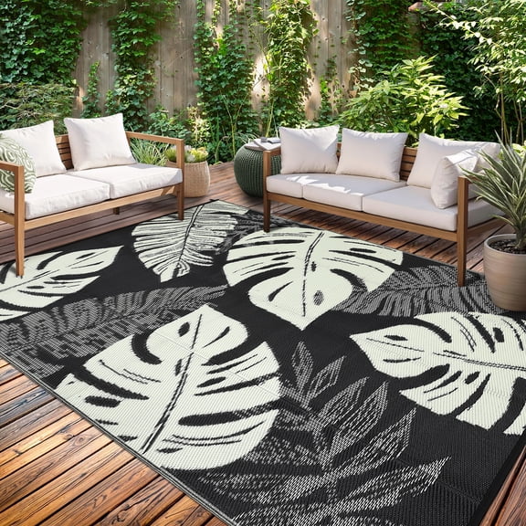 Waterproof Reversible Outdoor Rug, Durable Plastic Straw Mat for Patio, Deck, RV, Camping, Easy Clean, Mark & UV Resistant, Lightweight – Leaf Design