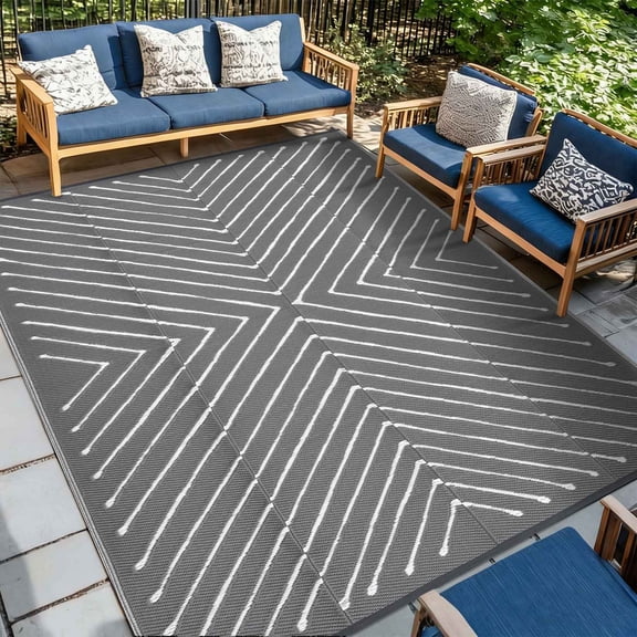 Waterproof Reversible Outdoor Rug – Geometric Grey & White Plastic Straw Mat – Collapsible, Lightweight, Easy Clean – Ideal for RV, Camping, Deck, Balcony, Beach, Picnic – Gray/White, 6x9ft, USA