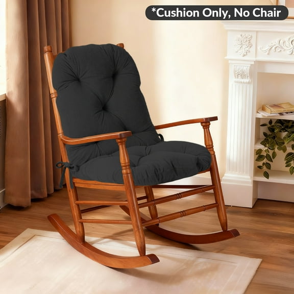 Waterproof Rocking Chair Cushions Set UV&Fade-Resistant Tufted Pads Non Skid Slip Backed Crushed Velvet Cover Set with Ties for Indoor & Outdoor Black