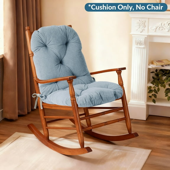 Waterproof Rocking Chair Cushions Set UV&Fade-Resistant Tufted Pads Non Skid Slip Backed Crushed Velvet Cover Set with Ties for Indoor & Outdoor Blue