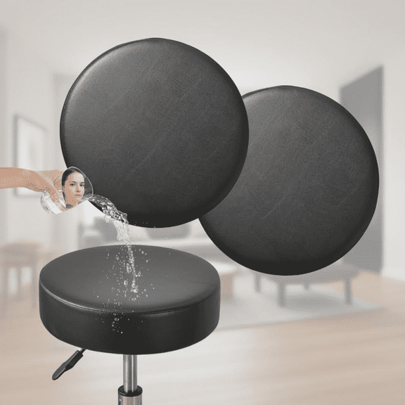 Waterproof Round Bar Stool Covers Set of 2, Elastic PU Leather Slipcovers for 12 to 15 Inch Seats, Washable Cushion Protectors in Black