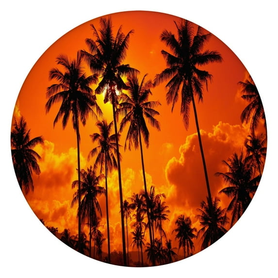 Waterproof Round Tablecloth with Summer Beach Palm Trees and Tropical Palm Trees Prints, Elastic Edge Fit, Backing for Table Protection, Ideal for Patio, Camping, and Party Use