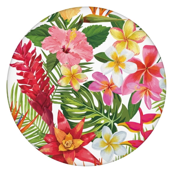 Waterproof Round Tablecloth with Vibrant Hawaiian Hibiscus and Exotic Floral Prints, Backed Non-Slip Table Cover with Elastic Edge, Fits 44-50 Inch Tables