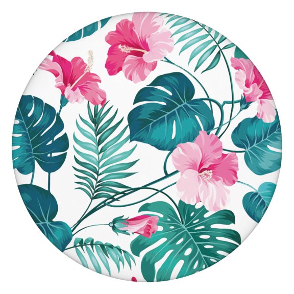 Waterproof Round Tablecloth with Vibrant Tropical Floral and Exotic Palm Leaf Designs, Elastic Edge Fit, Backing for Heat Resistance, Perfect for Outdoor Parties