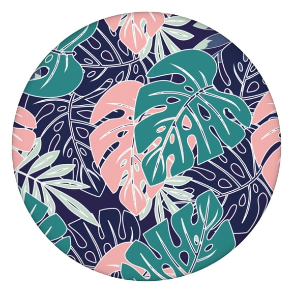 Waterproof Round Tablecloth with Colorful Exotic Floral and Palm Leaf Patterns, Elastic Edge Fit, Backed for Non-Slip Use, Fits 44-50 Inch Tables