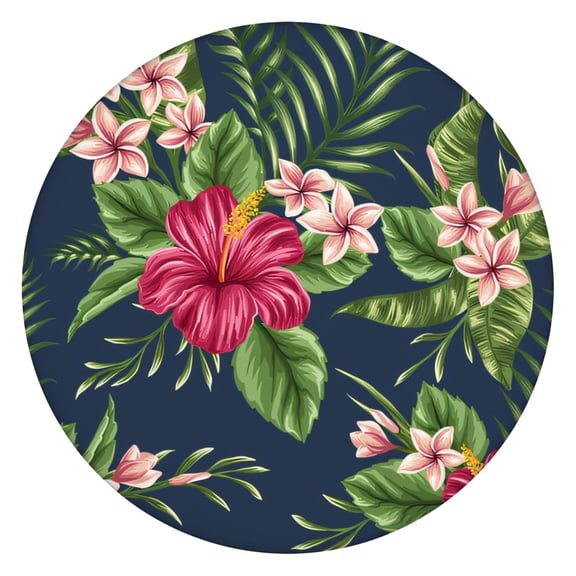 Waterproof Round Tablecloth with Colorful Exotic Floral and Palm Leaf Patterns, Elastic Edge Fit, Backed for Non-Slip Use, Fits 44-50 Inch Tables