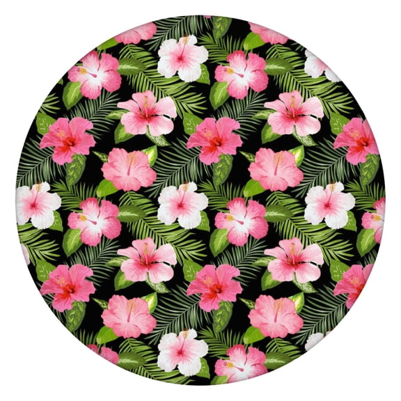 Waterproof Round Tablecloth with Colorful Exotic Floral and Palm Leaf Patterns, Elastic Edge Fit, Backed for Non-Slip Use, Fits 44-50 Inch Tables