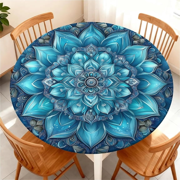 Waterproof Round Tablecloth with Elastic Edge, Fitted Round Table Cover Wipeable Summer Tablecover Fits Tables up to 36”-65“ for Kitchen Picnic Party