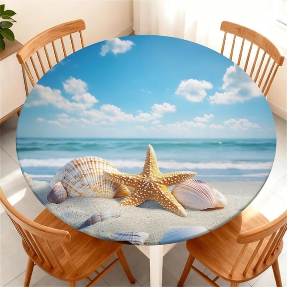 Waterproof Round Tablecloth with Elastic Edge, Fitted Round Table Cover Wipeable Summer Tablecover Fits Tables up to 36”-65“ for Kitchen Picnic Party