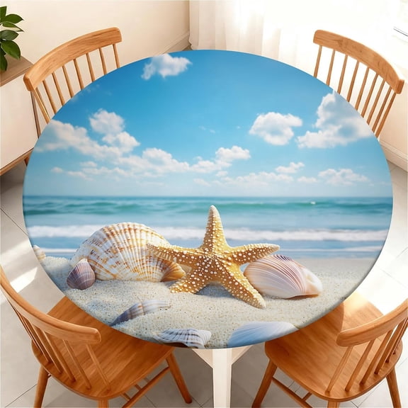 Waterproof Round Tablecloth with Elastic Edge, Fitted Round Table Cover Wipeable Summer Tablecover ,Sizes Available to Fit 36"-65" Diameter Round Tables for Picnic & Party