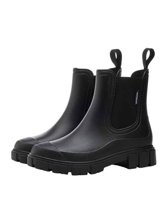 Waterproof Rubber Chelsea Rain Boots Muddy Garden Yard Working, Thick Lug Sole Slip On Booties Outdoor Travel Wearing, Comfortable Heavy Duty Utility Footwear Street Style Trend, Black 8