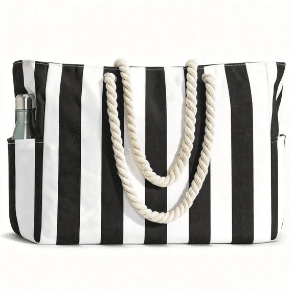 Waterproof & Sand-Resistant Beach Tote Bag with Zipper - Large Striped Swim Bag for Women, Perfect for Pool, Beach, and Travel