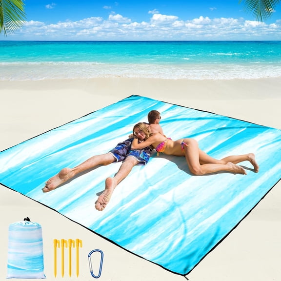 Waterproof Sandproof Beach Blanket 120" X 108" Blue and White Splattered