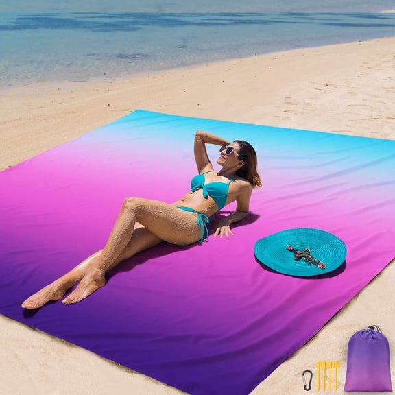 Waterproof Sandproof Extra Large Beach Blanket Quick Drying Compact Lightweight 10 Feet x 9 Feet Gradient Blue Purple