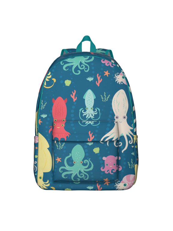 Waterproof School Backpack with Colorful Japanese-Style Octopus & Nautical Sea Creatures, Lightweight Durable Bookbag Featuring Tentacles, Coral, Pirate Octopus, and Tropical Ocean Life Design