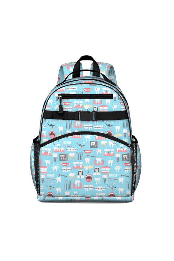 Waterproof School Backpack with Tooth Pattern - Ergonomic Travel Daypack for Teens, Breathable Padded Backpack with Chest Strap & Side Pockets, Durable Spine-Protecting Design for Students & Commuters