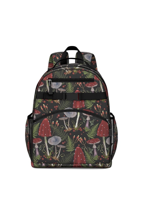 Waterproof School Backpack with Vintage Mushroom Print - Ergonomic Travel Daypack for Teens, Breathable Padded Back Support, Adjustable Chest Strap & Side Pockets