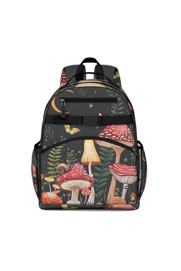 Waterproof School Backpack with Vintage Mushroom Print - Ergonomic Travel Daypack for Teens, Breathable Padded Back Support, Adjustable Chest Strap & Side Pockets