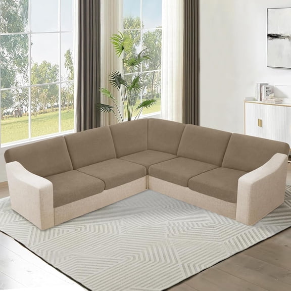 Waterproof Sectional Couch Cushion Covers 11 Pieces Stretch Jacquard L Shaped Corner Sofa Slipcover for Dogs Pet (5 Seater and 6 Backrest, Brown Khaki)
