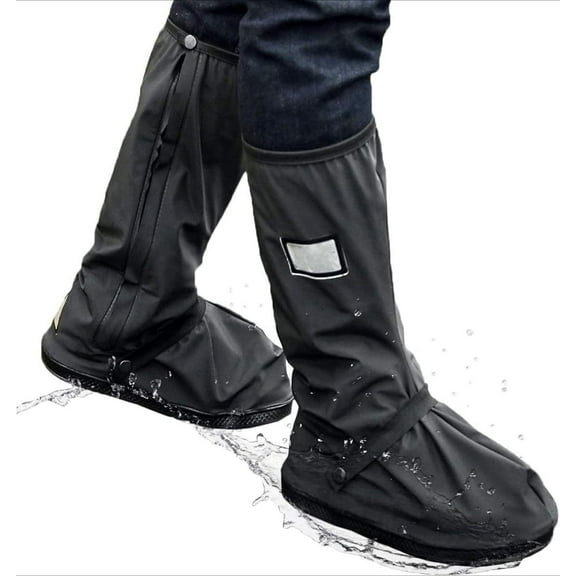 Waterproof Shoe Covers, Reusable & Foldable Rain Boot Shoe Cover with Zipper, Non-Slip, Reflector, Men Women Rain Gear, Black