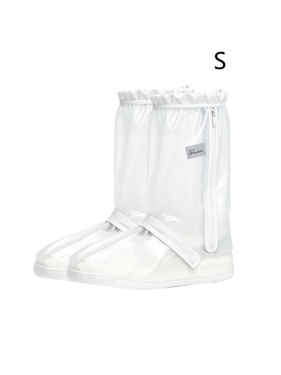 Waterproof Shoe Covers, Sole Length 10.23" High Tube Transparent Galoshes with Zipper and Adjustable Strap for Motorcycle Riding, Clear White bldnkj
