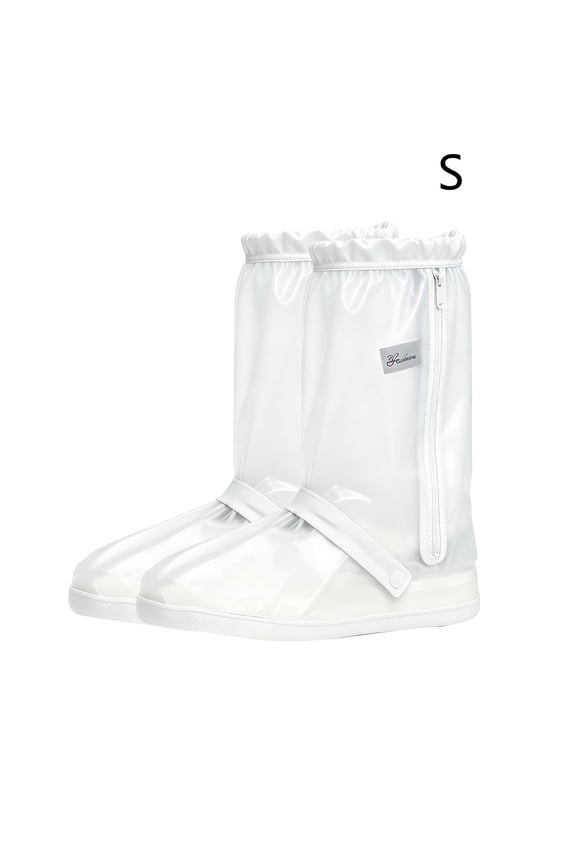 Waterproof Shoe Covers, Sole Length 10.23" High Tube Transparent Galoshes with Zipper and Adjustable Strap for Motorcycle Riding, Clear White bldnkj