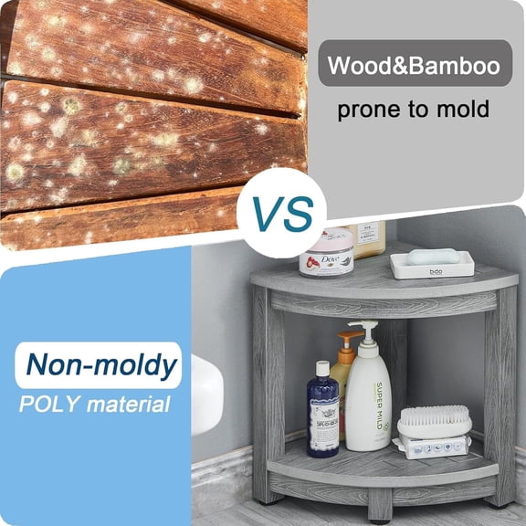 Waterproof Shower Bench for Inside Shower – On Sale, Gray HDPS Corner Stool, Durable Poly Lumber Seat, Storage Shelf, Non-Slip & Easy Clean, Ideal for Adults & Seniors