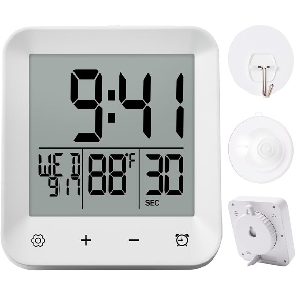 Waterproof Shower Clock with Timer, Bathroom Wall Displaying Temperature, Date & Day, Battery Operated LCD Digital for Bath, Kitchen (White)