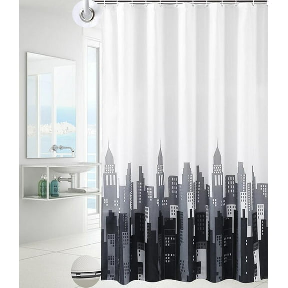 Waterproof Shower Curtain 48 x 79 inches, White and Gray Black Polyester Curtains with 16 Hooks Bathtub Liners Washable