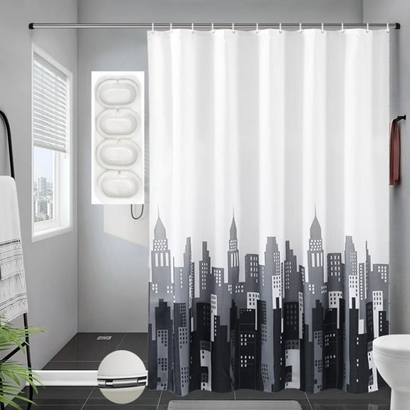 Polyester Waterproof Shower Curtain 59 x 79 inches, White and Gray Black Bathtub Liners with 16 Hooks