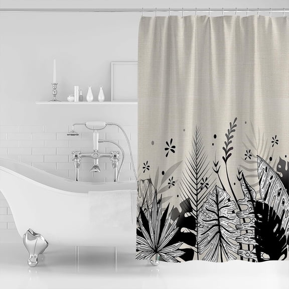 Waterproof Shower Curtain, Black Botanical Polyester Fabric Bathroom Curtains with 12 Hooks, 72" W x 78" H, Summer Palm Leaf Tropical Rustic Quick-Drying Bathtub Curtain