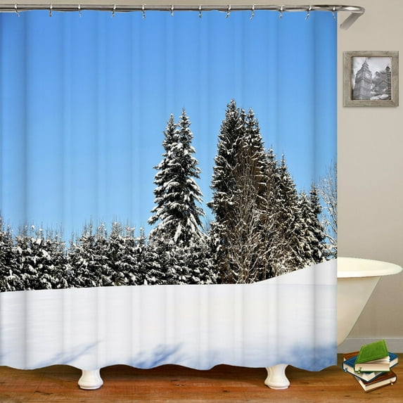 Waterproof Shower Curtain Forest Scenery Bathroom Home Decor Snow Scene Cedar Printed Polyester Fabric Curtain for Bathroom
