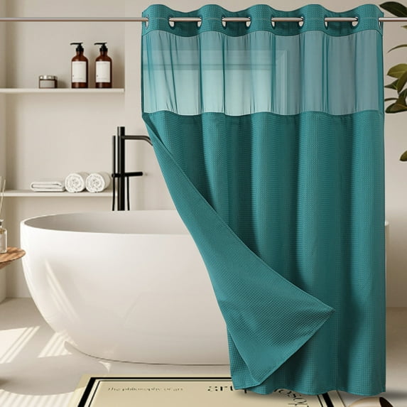 Waterproof Shower Curtain No Hook Design with Wave Weave Pattern, Includes Detachable Liner, Ringless Hanging, Hotel Quality, 71 Inches Wide, Green Color