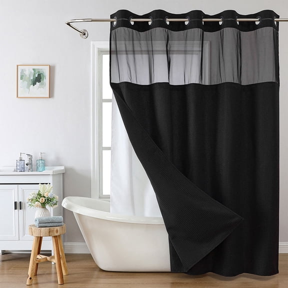 Waterproof Shower Curtain Hotel Quality Bathroom Curtain with Liner Wave Design No Hook Required Fabric Shower Curtain Set Mesh Top