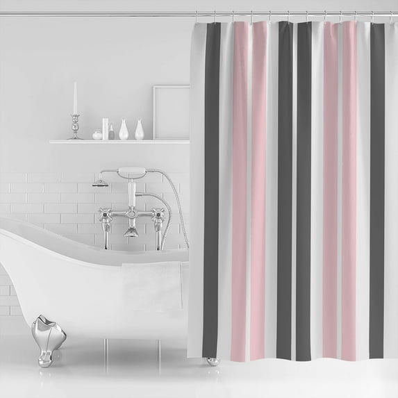 Waterproof Shower Curtain, Pink Grey Striped Polyester Fabric Bathroom Curtains with 12 Hooks, 54" W x 72" H, Gray Modern Abstract Art Quick-Drying Bathtub Curtain