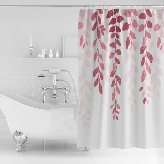 Waterproof Shower Curtain, Pink Ombre Botanical Polyester Fabric Bathroom Curtains with 12 Hooks, 72" W x 96" H, Watercolor Country Pastoral Leaf Quick-Drying Bathtub Curtain