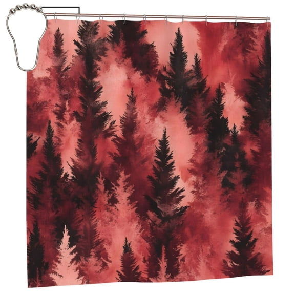 Waterproof Shower Curtain Polyester Fabric Shower Curtain With 12 Hooks Home Hotel Apartment Bathroom Shower Curtain 72x72in Realistic Forests Camouflage Pattern Conifer Maroon_4