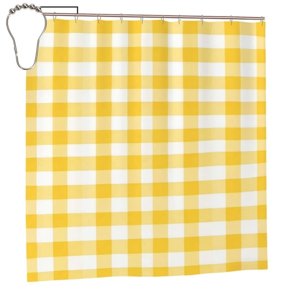 Waterproof Shower Curtain Polyester Fabric Shower Curtain With 12 Hooks Home Hotel Apartment Bathroom Shower Curtain 72x72in Yellow And White Checkered Pattern