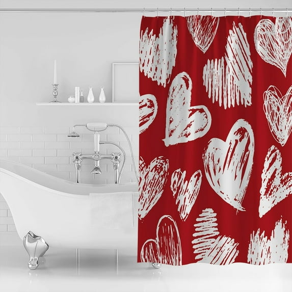 Waterproof Shower Curtain, Red Love Heart Valentines Day Polyester Fabric Bathroom Curtains with 12 Hooks, 36" W x 72" H, Love Heart White Quick-Drying Bathtub Curtain
