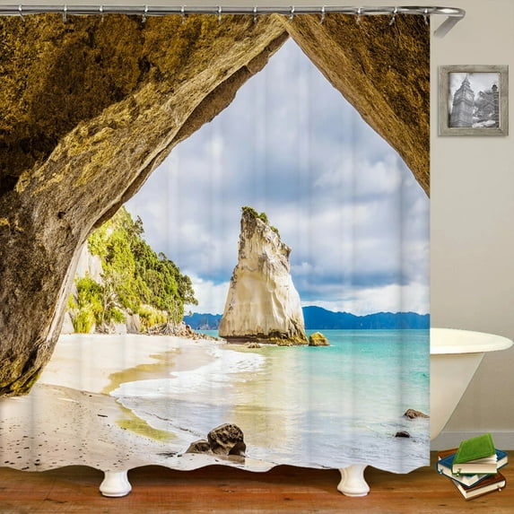 Waterproof Shower Curtain Seaside Cave Beach Scenery 3D Printing Shower Curtains Polyester Fabric Home Decor Curtain 180x180cm
